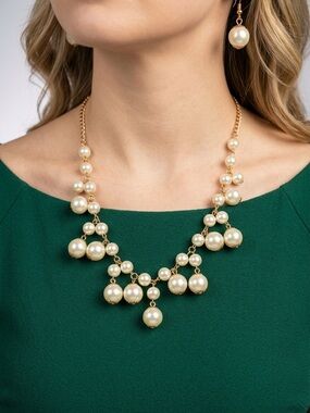 Pearl Fringe Necklace Set | Gold Cluster Ivory Statement Earrings